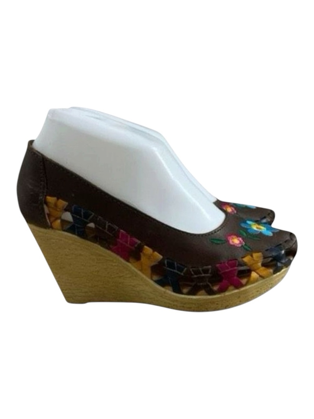 Mexican Huarache Size 7 Brown Leather Wedge Heels Shoes Platform Casual